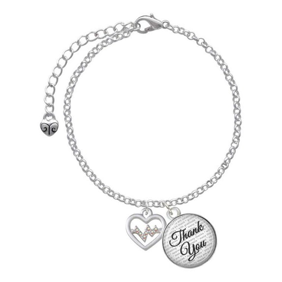 Delight Jewelry Silvertone Heart with AB Crystal Heartbeat - Domed Thank You Charm Bracelet, 6"+2"