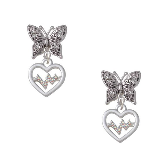 Delight Jewelry Silvertone Heart with AB Crystal Heartbeat Silvertone Antiqued Butterfly Post Earrings