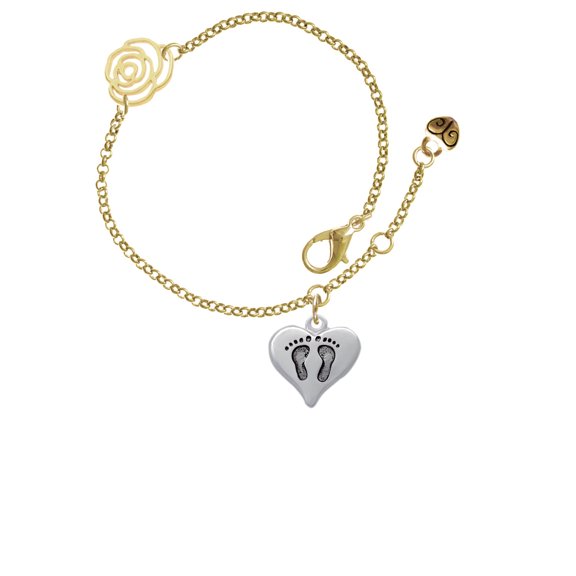 Delight Jewelry Silvertone Heart with Baby Feet Gold-tone Rose Link Chain Bracelet, 6.25"+1.75" Extender