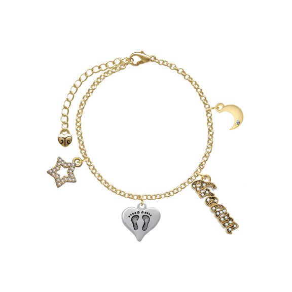Delight Jewelry Silvertone Heart with Baby Feet Goldtone Dream Big Charm Bracelet, 7.5+2" Extender