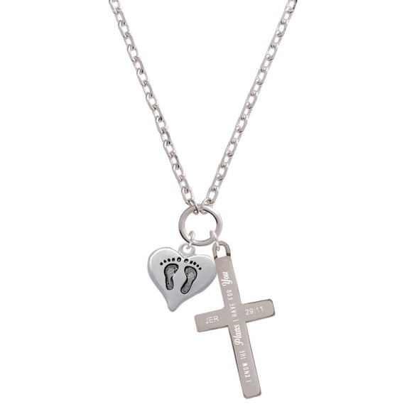 Delight Jewelry Silvertone Heart with Baby Feet I Have Plans for You Engraved Cross Zoey Necklace, 28"