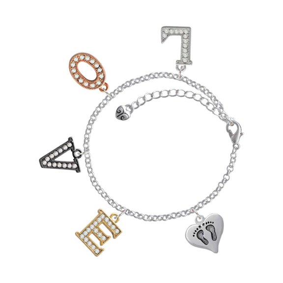 Delight Jewelry Silvertone Heart with Baby Feet Multi-Colored Crystal Love Charm Bracelet