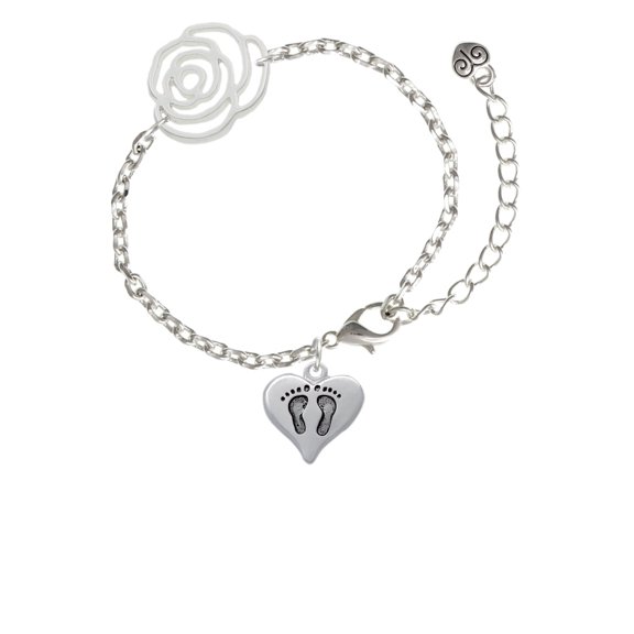 Delight Jewelry Silvertone Heart with Baby Feet Silver-tone Flower Link Chain Bracelet, 6.75"+2" Extender