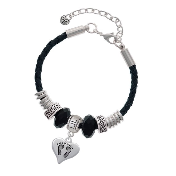 Delight Jewelry Silvertone Heart with Baby Feet Sister Celtic Knot Leather Bead Bracelet, 7"+2" Extender