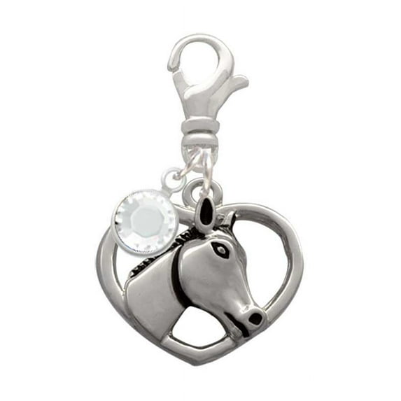 Delight Jewelry Silvertone Heart with Horse Head - Silvertone Clip on Charm with Clear Crystal Drop