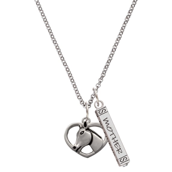 Delight Jewelry Silvertone Heart with Horse Head Silvertone Mother Daughter Bar Charm Necklace, 23"