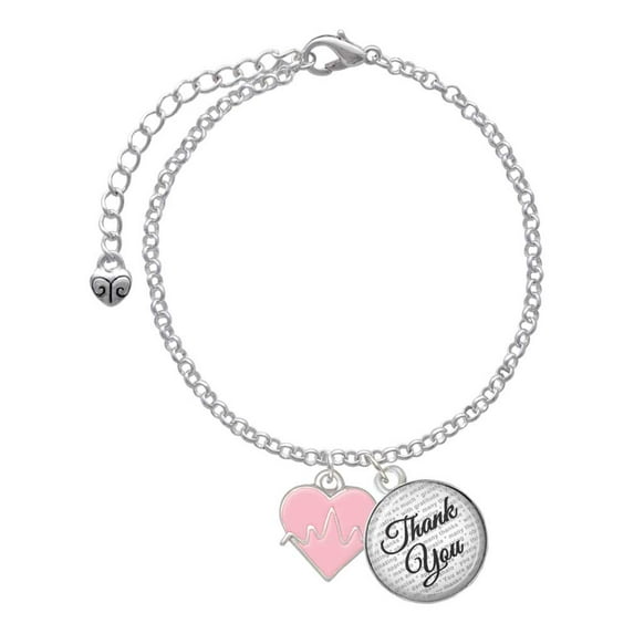 Delight Jewelry Silvertone Heartbeat on Pink Heart - Domed Thank You Charm Bracelet, 6"+2"