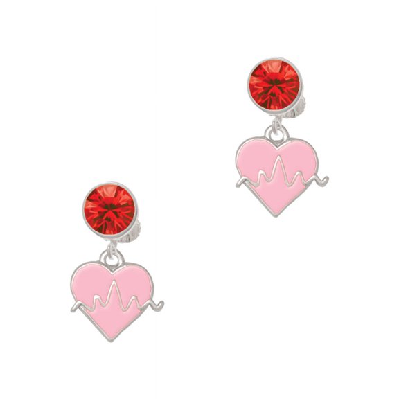 Delight Jewelry Silvertone Heartbeat on Pink Heart Red Crystal Clip on Earrings