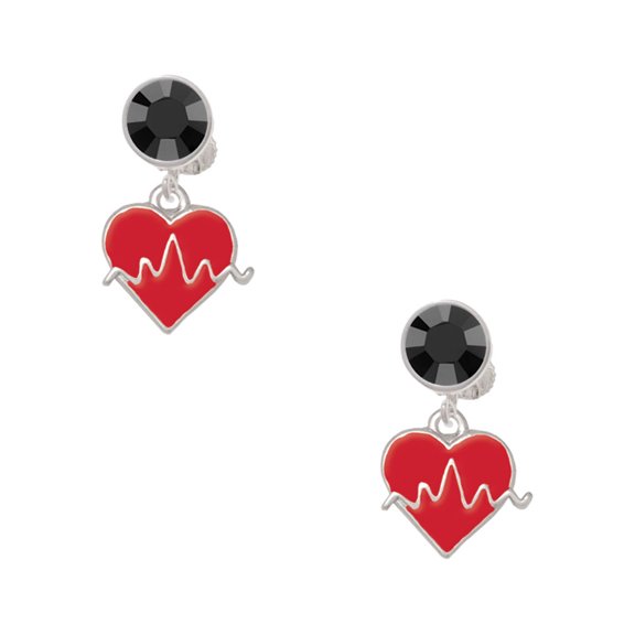 Delight Jewelry Silvertone Heartbeat on Red Heart Black Crystal Clip on Earrings