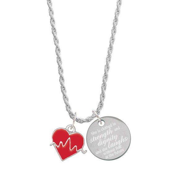 Delight Jewelry Silvertone Heartbeat on Red Heart She is Clothed in Stength and Dignity Charm Necklace, 20"+3"