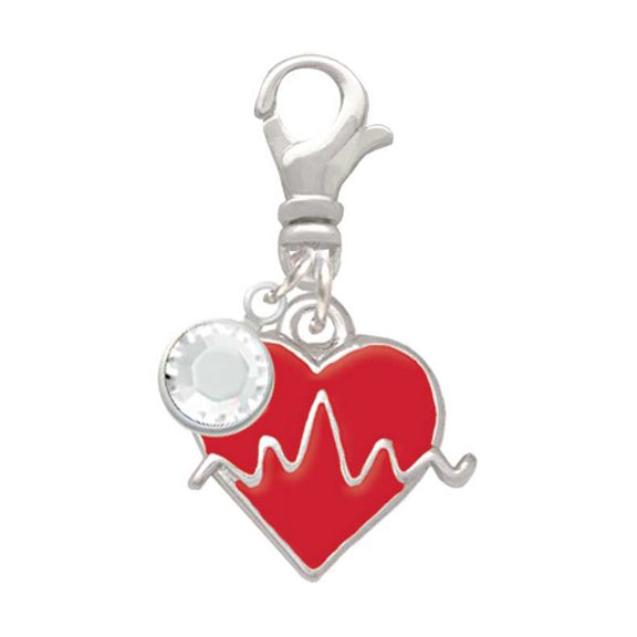 Delight Jewelry Silvertone Heartbeat on Red Heart - Silvertone Clip on Charm with Clear Crystal Drop