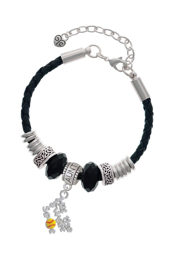 Silvertone Hit the Sweet Spot with Yellow Softball Aunt Celtic Knot Leather Bead Bracelet, 7"+2" Extender