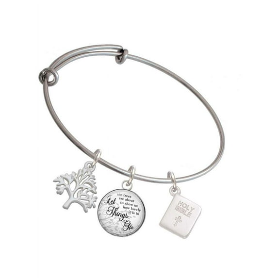 Delight Jewelry Silvertone Holy Bible Silvertone Let Things Go Tree Charm Bangle Bracelet