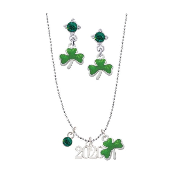 Delight Jewelry Silvertone Horizontal Year 2020 Green Shamrock Necklace and Clover Earrings Jewelry Set