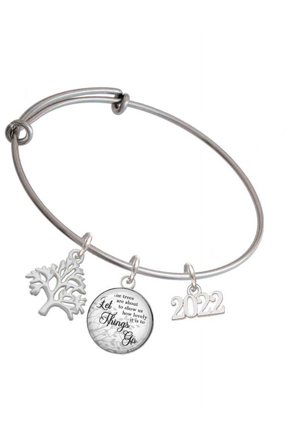 Silvertone Horizontal Year 2022 Silvertone Let Things Go Tree Charm Bangle Bracelet