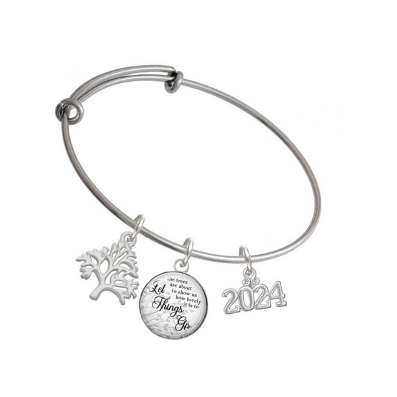 Delight Jewelry Silvertone Horizontal Year 2024 Silvertone Let Things Go Tree Charm Bangle Bracelet
