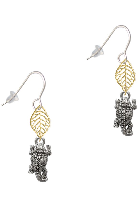 Silvertone Horn Toad Goldtone Leaf French Earrings