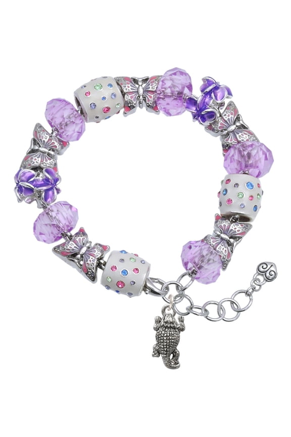 Silvertone Horn Toad Purple Butterfly Bead Charm Bracelet, 7"+1" Extender