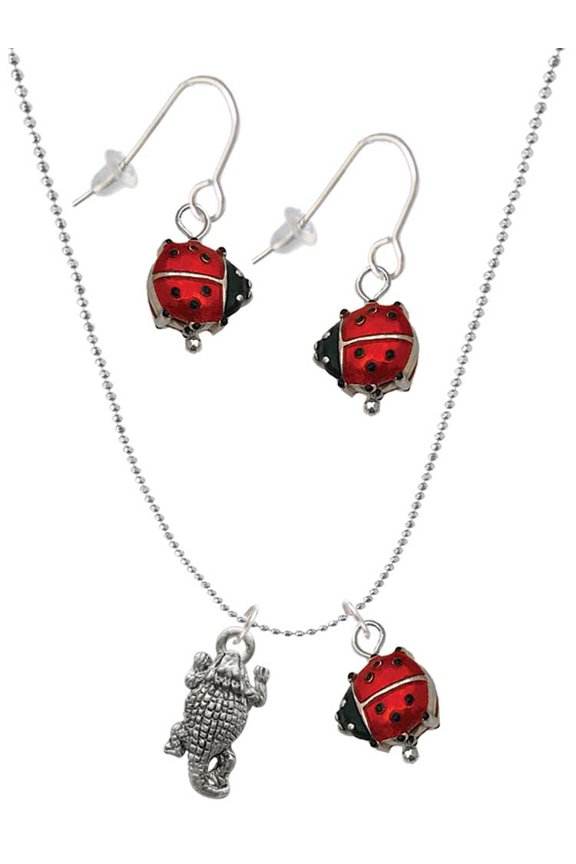 Silvertone Horn Toad Red Lucky Ladybug Necklace and Dangle Earrings Set