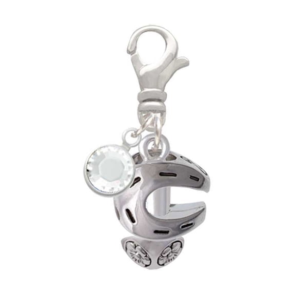 Delight Jewelry Silvertone Horseshoe Spinners - Silvertone Clip on Charm with Clear Crystal Drop