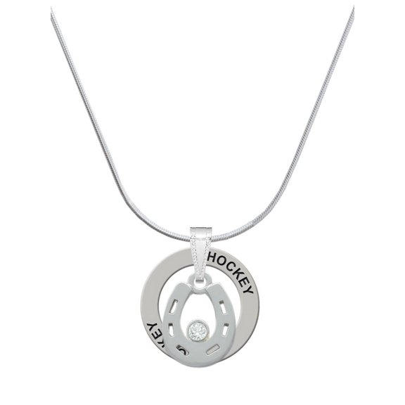 Delight Jewelry Silvertone Horseshoe with Clear Crystal Hockey Ring Charm Necklace, 18"