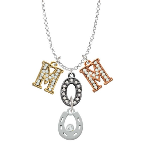 Delight Jewelry Silvertone Horseshoe with Clear Crystal Multi-Colored Crystal Mom Charm Necklace