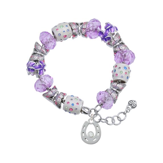 Delight Jewelry Silvertone Horseshoe with Clear Crystal Purple Butterfly Bead Charm Bracelet, 7"+1" Extender