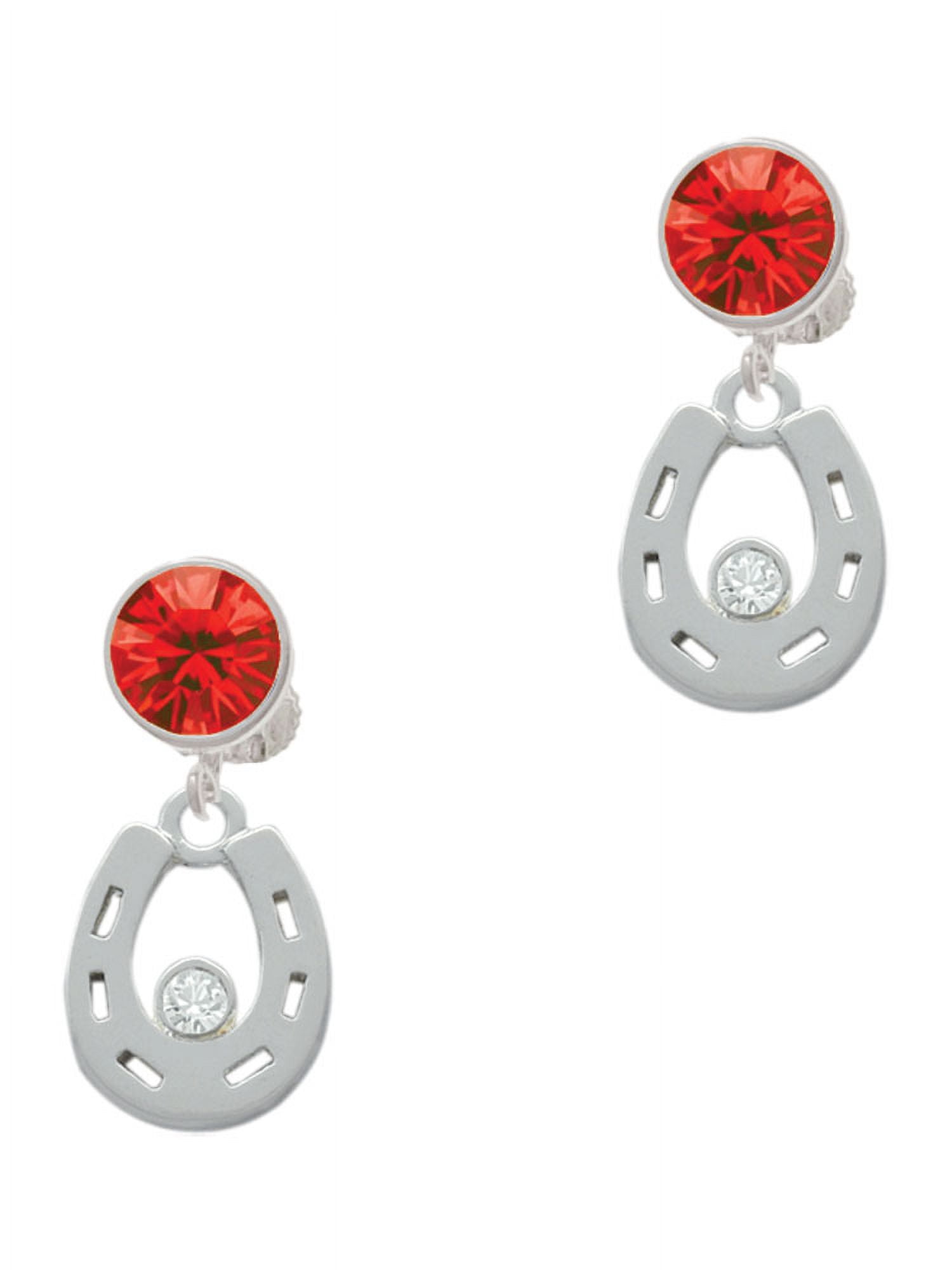 Delight Jewelry Silvertone Horseshoe with Clear Crystal Red Crystal Clip on Earrings