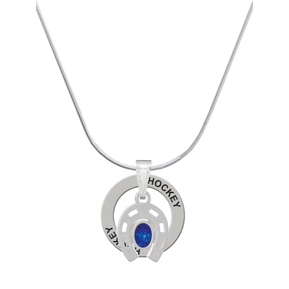 Delight Jewelry Silvertone Horseshoe with Oval Blue Crystal Hockey Ring Charm Necklace, 18"