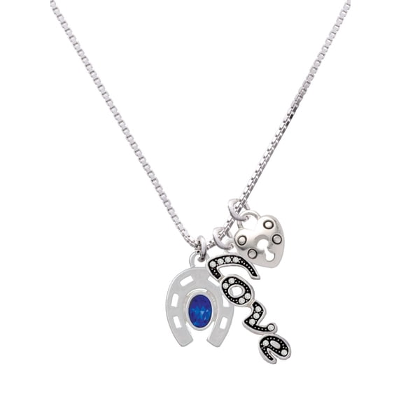 Delight Jewelry Silvertone Horseshoe with Oval Blue Crystal - Love and Lock Charm Necklace, 18"+1"