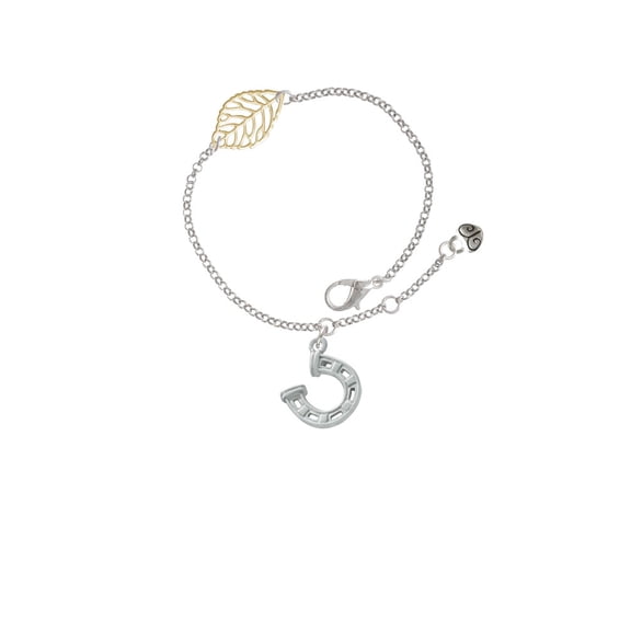 Delight Jewelry Silvertone Horseshoe with Side Loop - Goldtone Leaf Delicate Bracelet, 6.25+1.75"