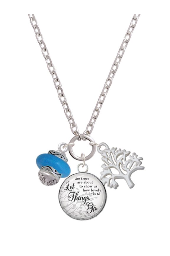 Silvertone Hot Blue Center Spinner Let Things Go Fall Zoey Charm Necklace, 28"