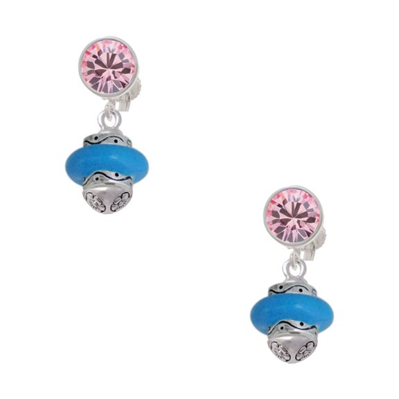 Delight Jewelry Silvertone Hot Blue Center Spinner Pink Crystal Clip on Earrings