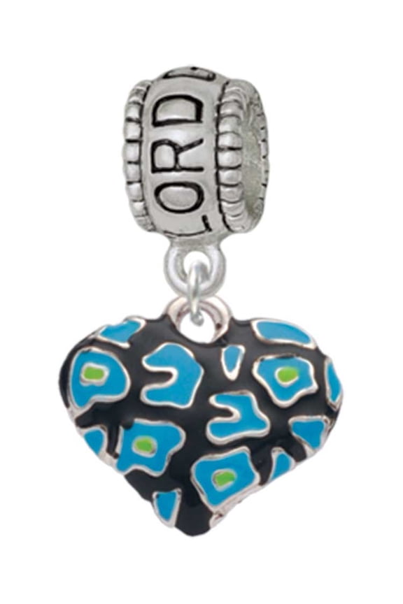 Silvertone Hot Blue Cheetah Print Heart Lord Guide Me Charm Bead