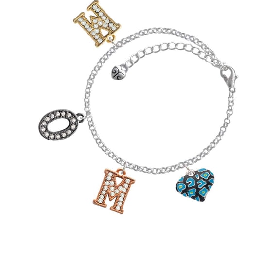 Delight Jewelry Silvertone Hot Blue Cheetah Print Heart Multi-Colored Crystal Mom Charm Bracelet