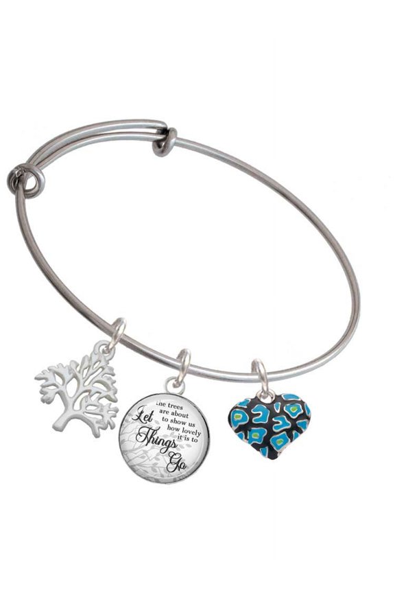 Silvertone Hot Blue Cheetah Print Heart Silvertone Let Things Go Tree Charm Bangle Bracelet