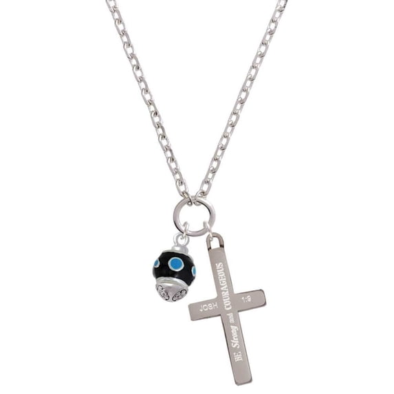 Delight Jewelry Silvertone Hot Blue Dots on Black Spinner Be Strong and Courageous Engraved Cross Zoey Necklace, 28"