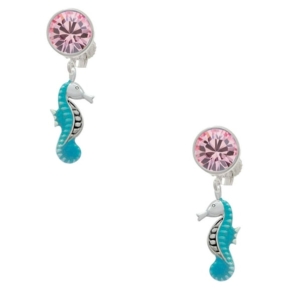 Delight Jewelry Silvertone Hot Blue Seahorse - Pink Crystal Clip on Earrings