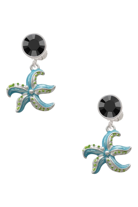 Silvertone Hot Blue Starfish - Black Crystal Clip on Earrings