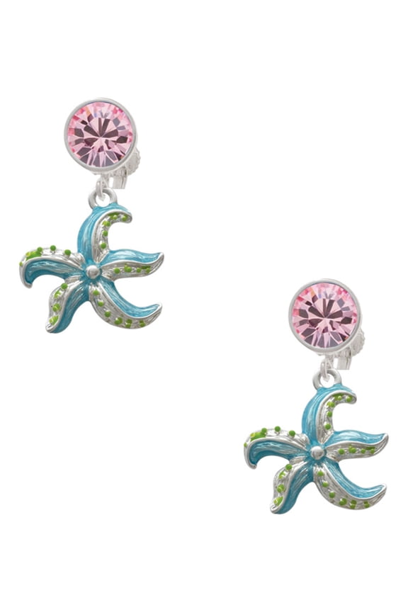Silvertone Hot Blue Starfish - Pink Crystal Clip on Earrings