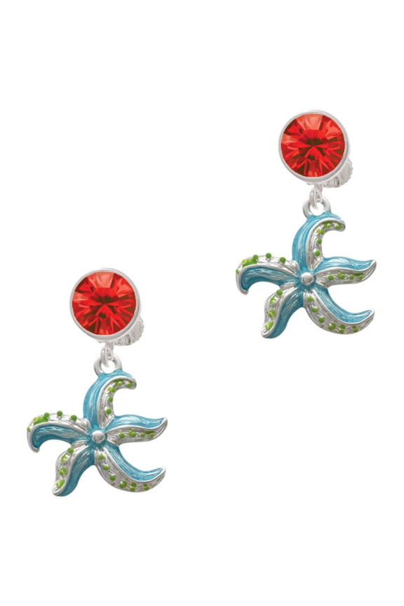 Silvertone Hot Blue Starfish - Red Crystal Clip on Earrings