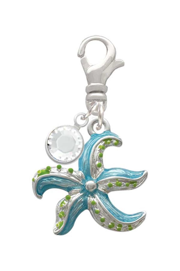 Silvertone Hot Blue Starfish - - Silvertone Clip on Charm with Clear Crystal Drop