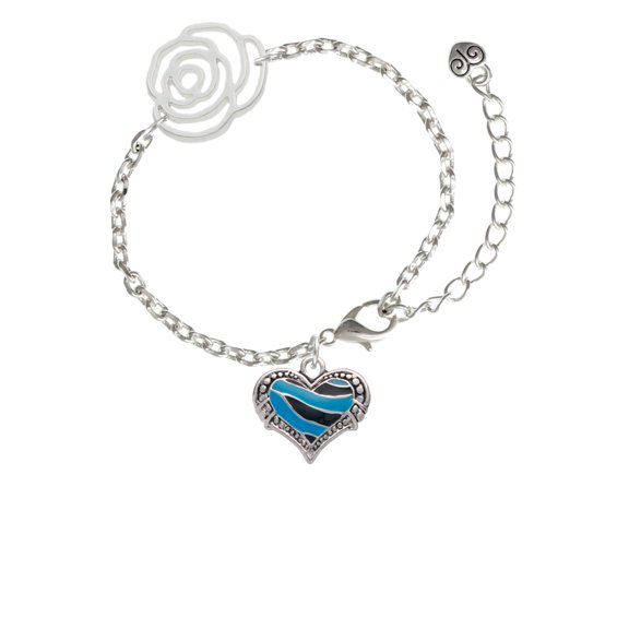 Delight Jewelry Silvertone Hot Blue Tiger Print Heart Silver-tone Flower Link Chain Bracelet, 6.75"+2" Extender