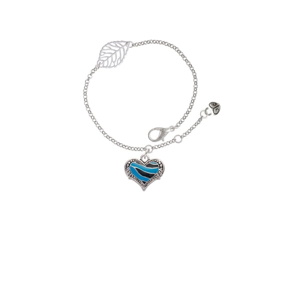 Delight Jewelry Silvertone Hot Blue Tiger Print Heart - Silvertone Leaf Delicate Bracelet, 6.25+1.75"