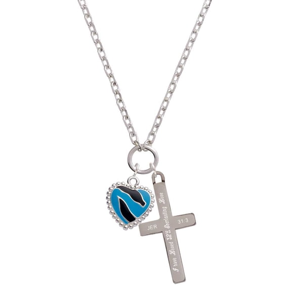 Delight Jewelry Silvertone Hot Blue Zebra Print Heart Everlasting Love Engraved Cross Zoey Necklace, 28"