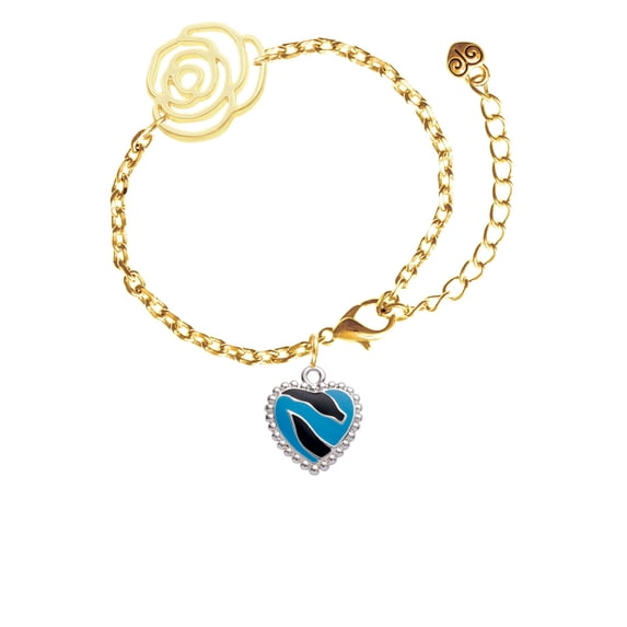 Delight Jewelry Silvertone Hot Blue Zebra Print Heart Gold-tone Flower Link Chain Bracelet, 6.75"+2" Extender