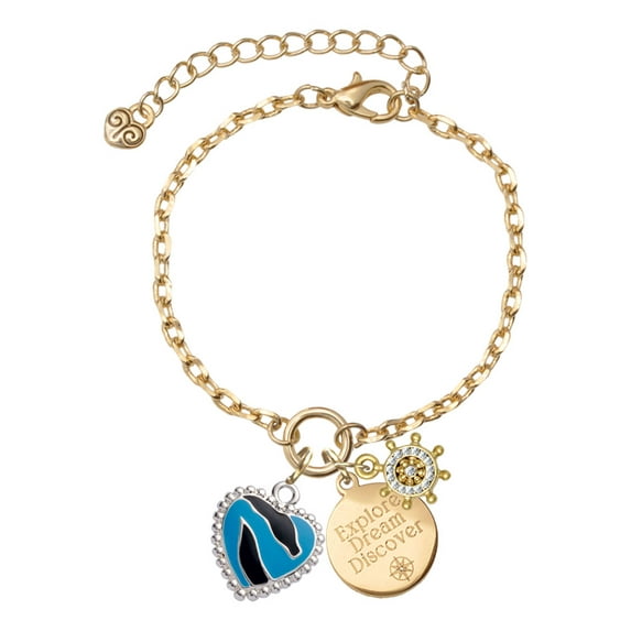 Delight Jewelry Silvertone Hot Blue Zebra Print Heart Goldtone Discover Dream Explore Zoey Charm Bracelet, 6.5+2" Extender