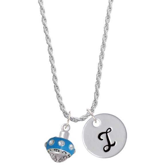 Delight Jewelry Silvertone Hot Blue with Crystals Spinner Silvertone Script Initial Disc - I - Charm Necklace, 20"+3"
