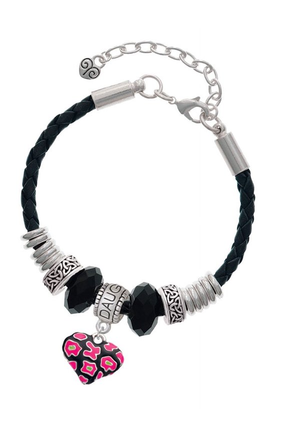Silvertone Hot Pink Cheetah Print Heart Daughter Celtic Knot Leather Bead Bracelet, 7"+2" Extender