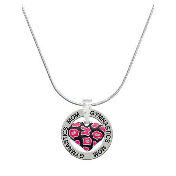 Delight Jewelry Silvertone Hot Pink Cheetah Print Heart Gymnastics Mom Ring Charm Necklace, 18"